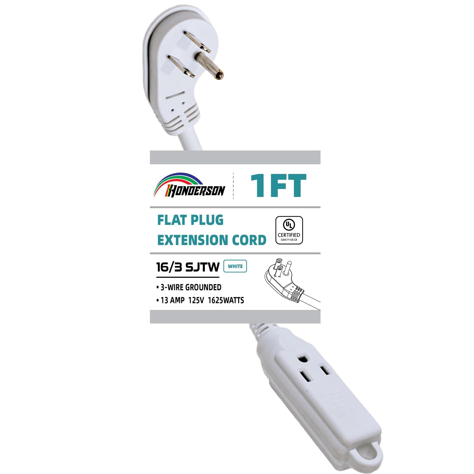 1FT 3 Outlet Flat Plug Indoor Extension Cord 16 Gauge 16/3 SJTW 13A White