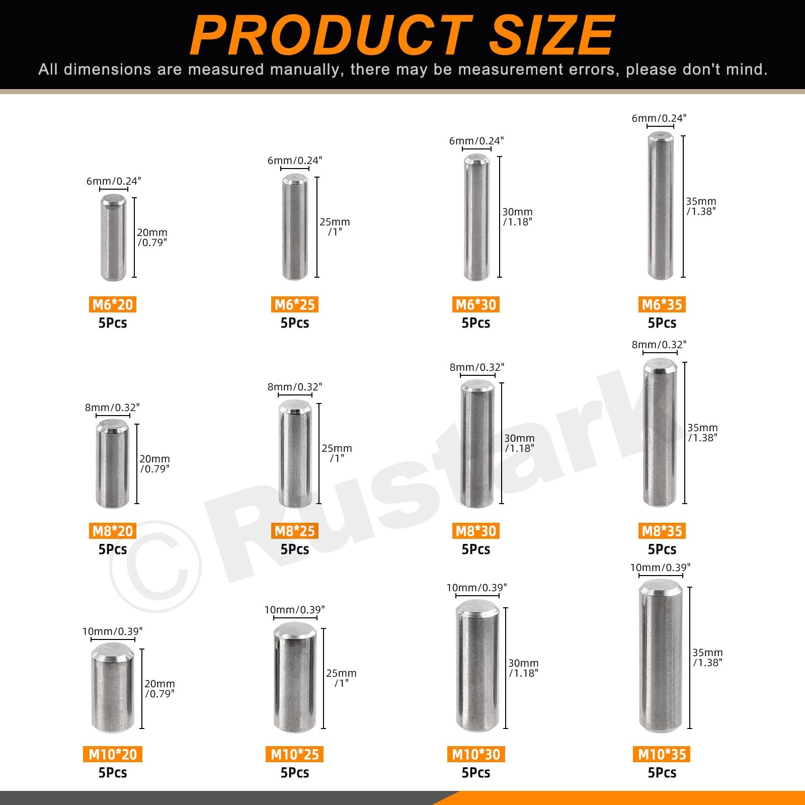 Rustark 60Pcs 12 Sizes 304 Stainless Steel Dowel 12 assorted sizes, silver