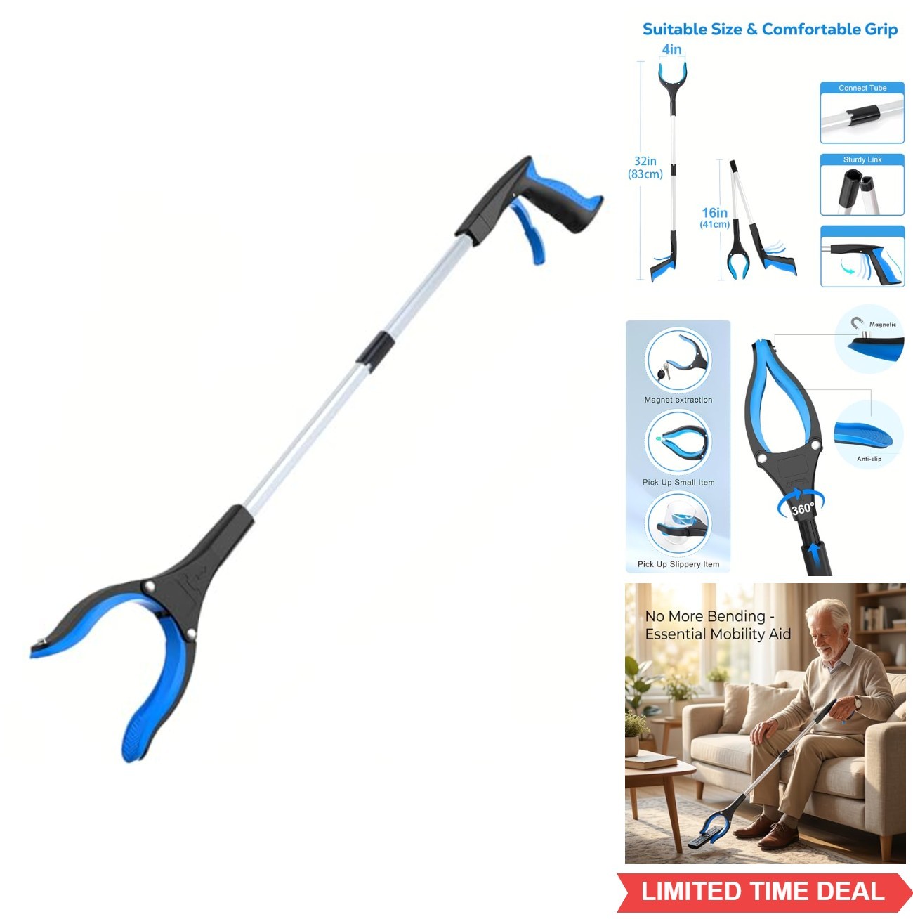 Reacher Grabber Tool 32 Inch Foldable Heavy Duty Pick Up Stick for Seniors Trash