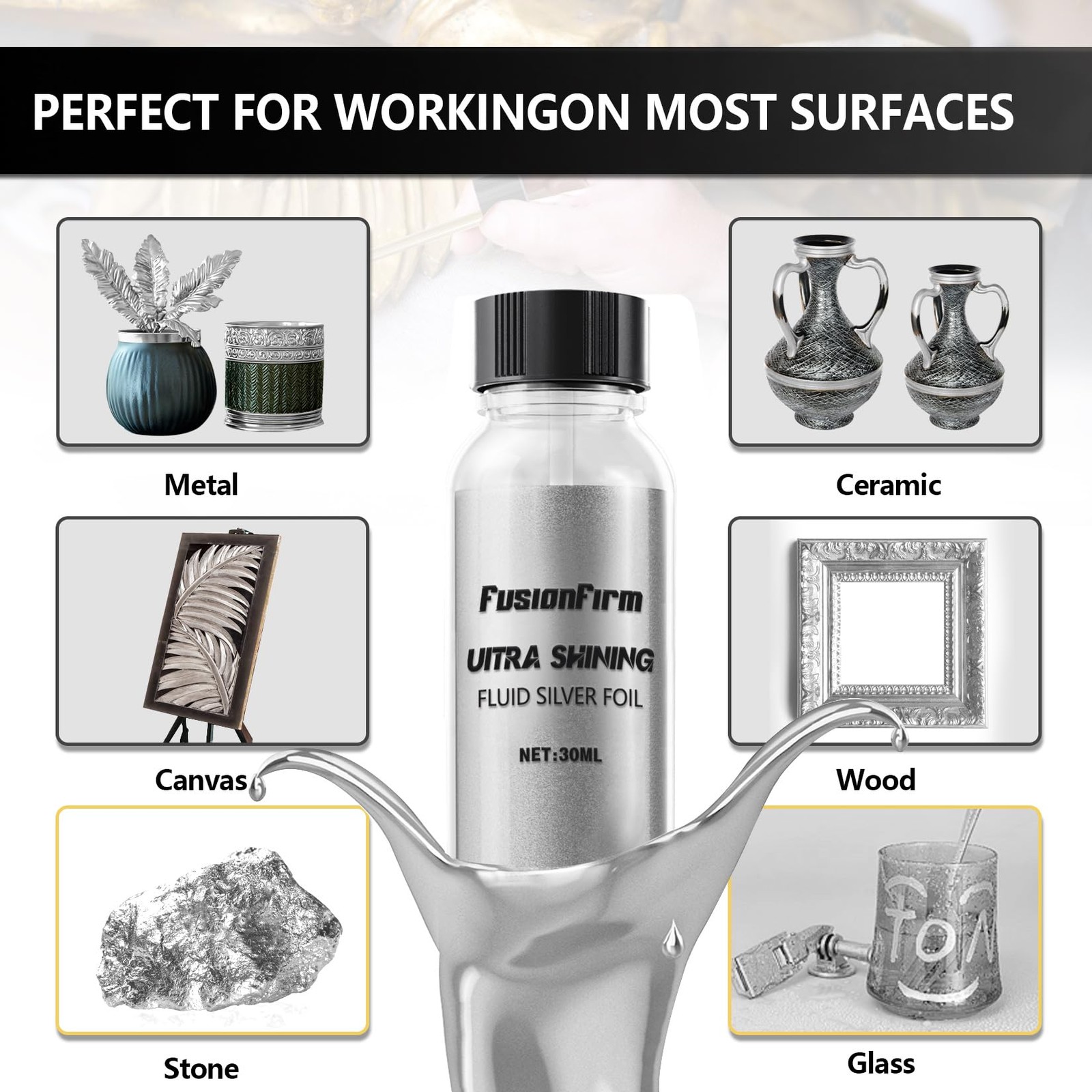 FusionFirm Liquid Leaf Paint - Alcohol-Based 1 Fl Oz (Pack of 1), Silver