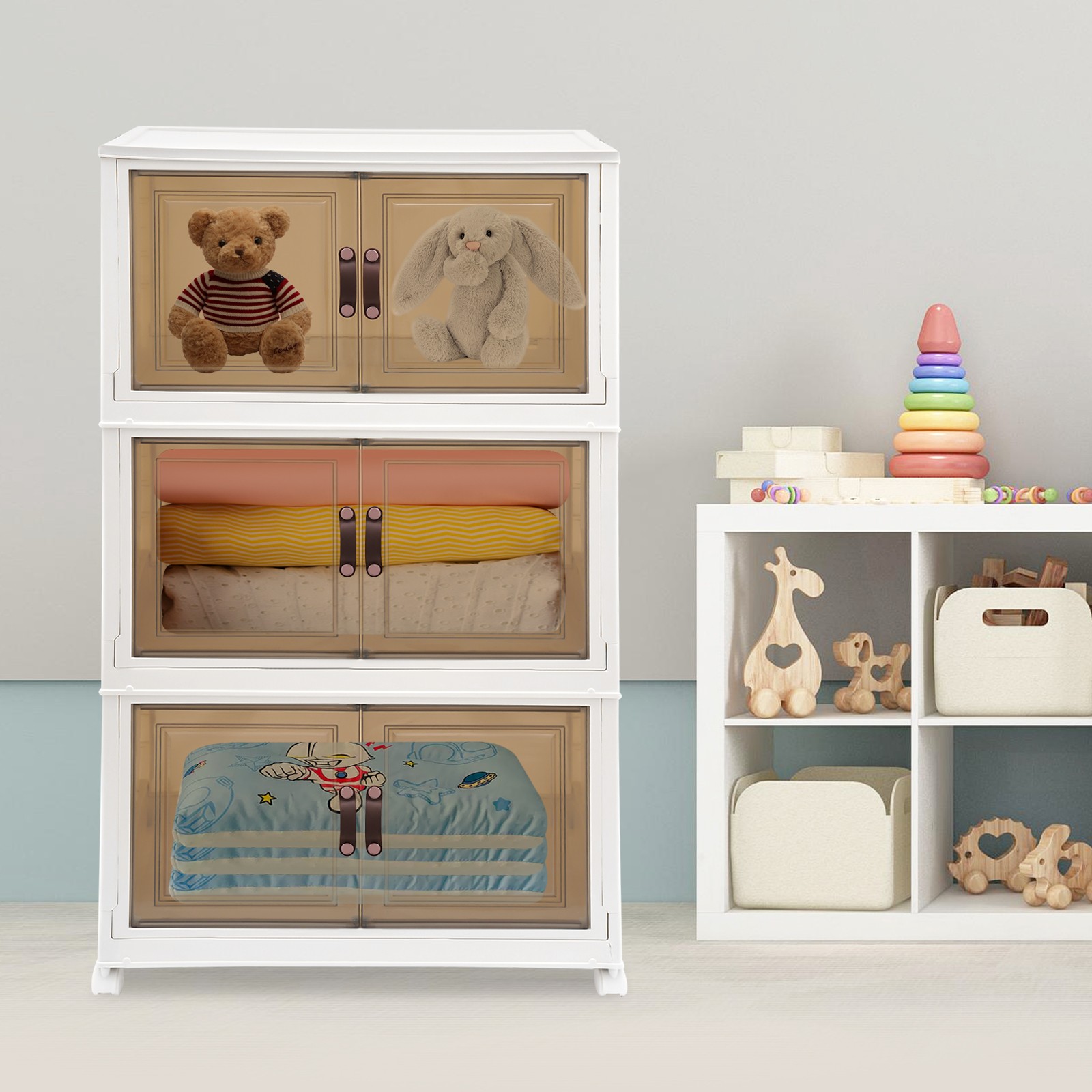 3-Tier Stackable Storage Bins with Lids & Wheels Foldable Closet Organizer Box