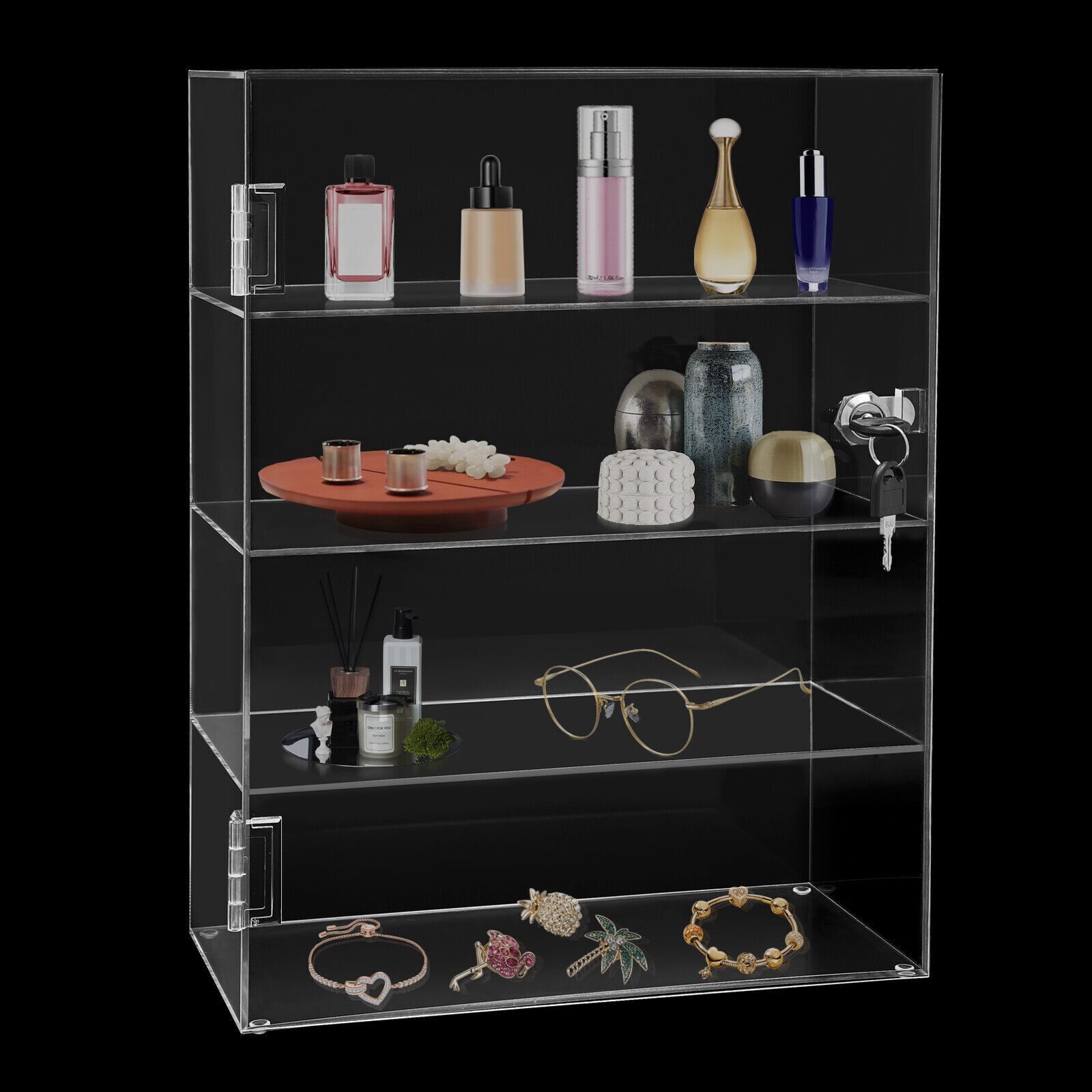 4-Layer Clear Acrylic Display Case 30 × 15 × 40 cm Lockable Countertop Showcase