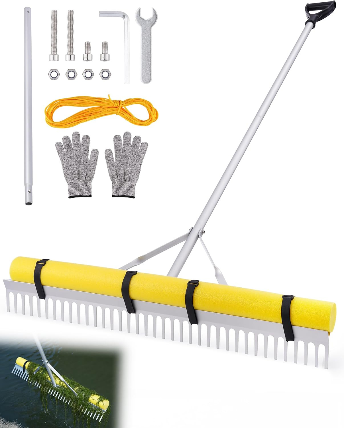Pond Rake, 36" Floating Rake with 8.5Ft (102In) Extension Handle & 52Ft Rope, Al