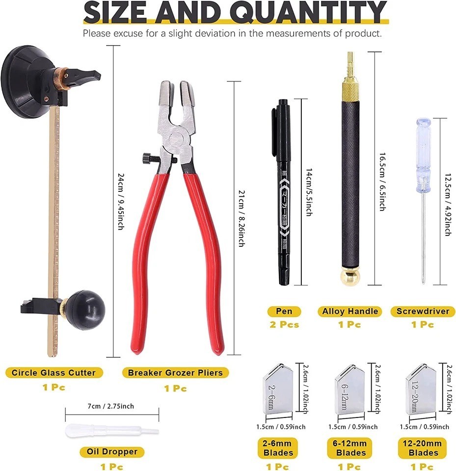 9 Pcs Glass Cutting Tool Set Kit Includes Adjustable Circular Glass Cutter, Glas