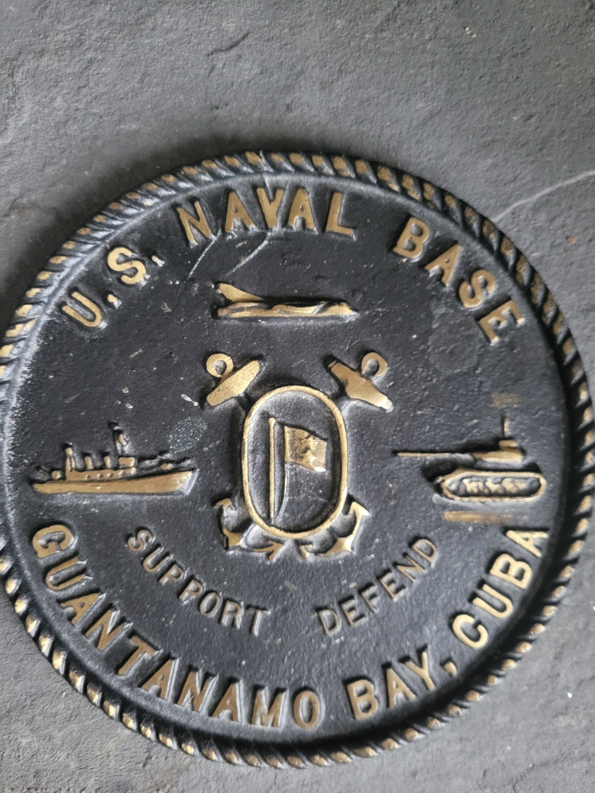 Vintage Guantanamo Bay Military Plaque Bronze Heavy Cast 7" US Naval Base Cuba