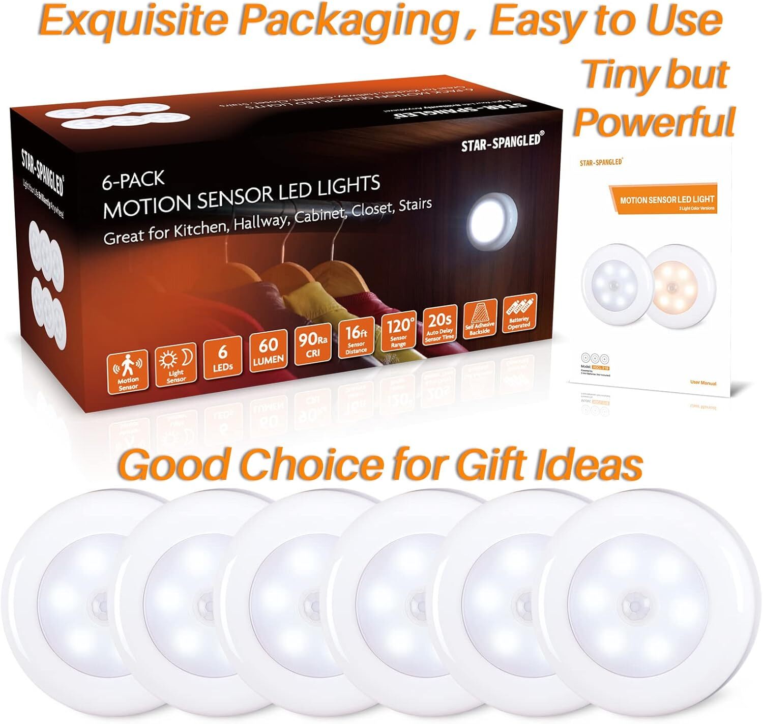 6 Pack 2.8” Motion Sensor Lights Indoor AAA Battery Operated, Stick on LED Puck