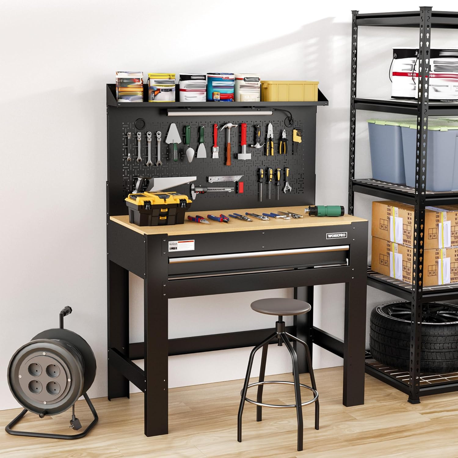 WORKPRO Garage Workbench with Storage, 45" Workbench with Pegboard, Power Outlet