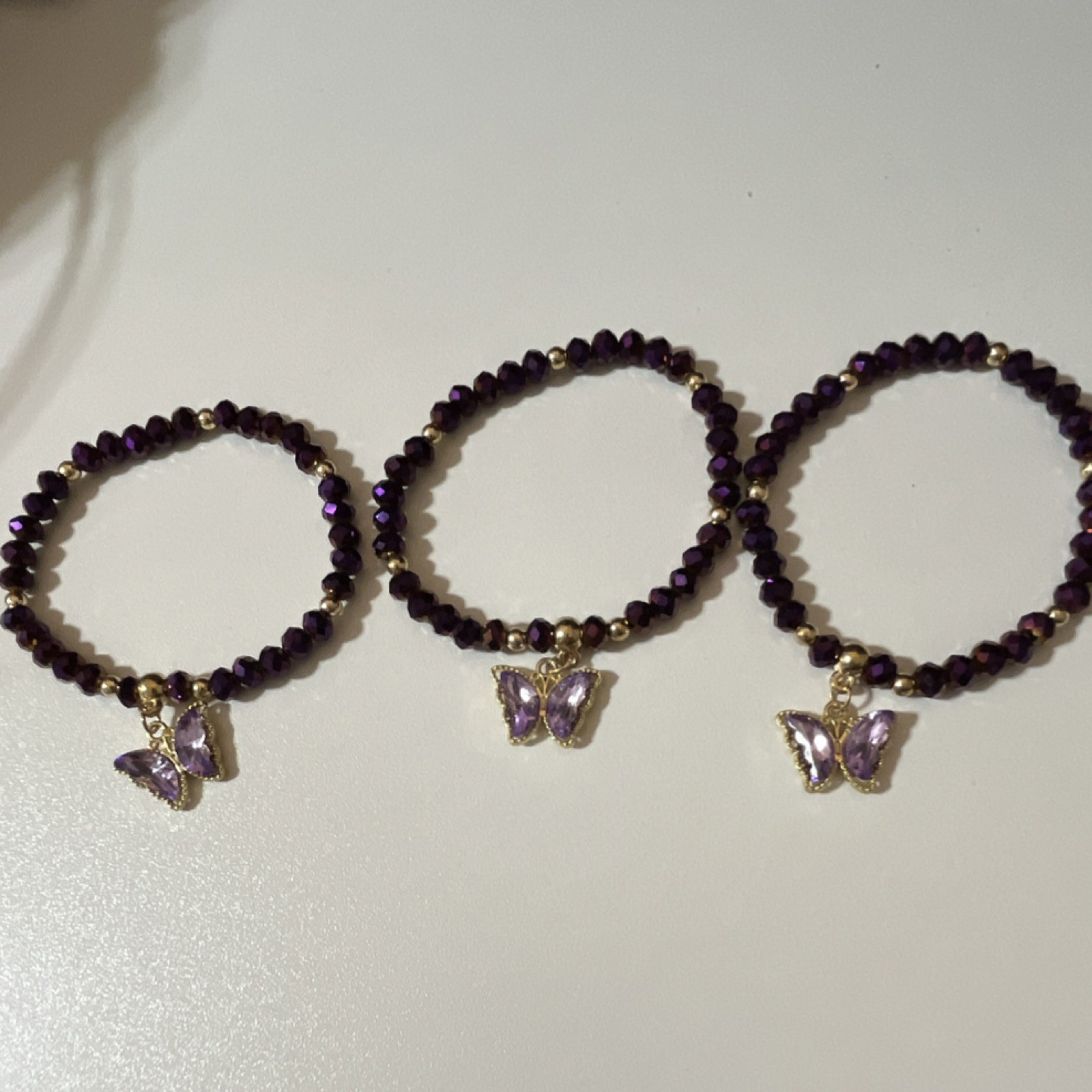 Purple Beaded Charm Bracelets Set of 3 with Glass Butterfly Dangle Charms