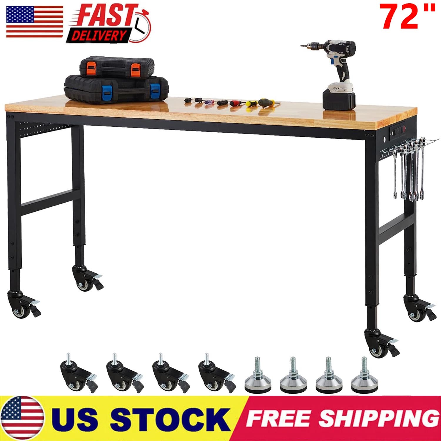 Adjustable Height Workbench 72"L x 25"W Work Bench Table w/ Power Outlets 2000 L