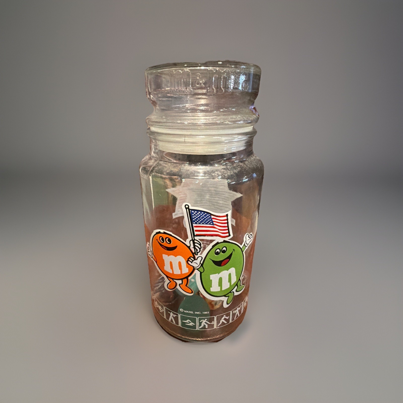 M&M’s XXIII LA Olympic Collectible Glass Candy Jar Mars with lid Vintage 1983