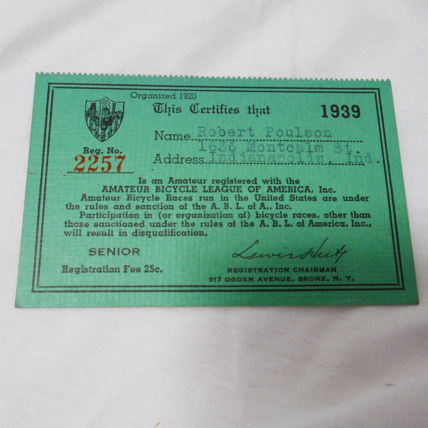1939 Amateur Bicycle League Of America Card  for United States Bicycle Races