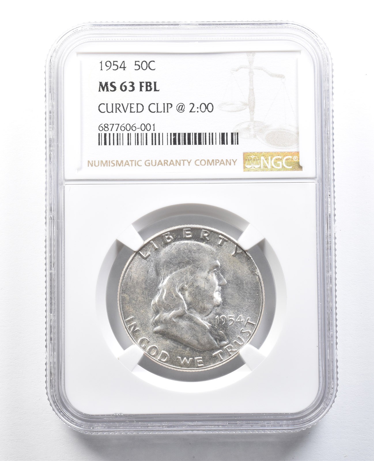 1954 Franklin Half Dollar Mint Error Curved Clip @ 2:00 MS63 FBL NGC *8250