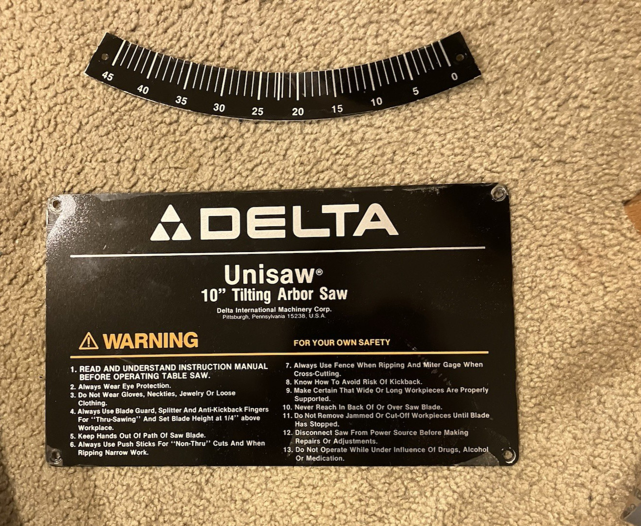 Delta Unisaw Name Plate / Badge and blade tilt angle ruler