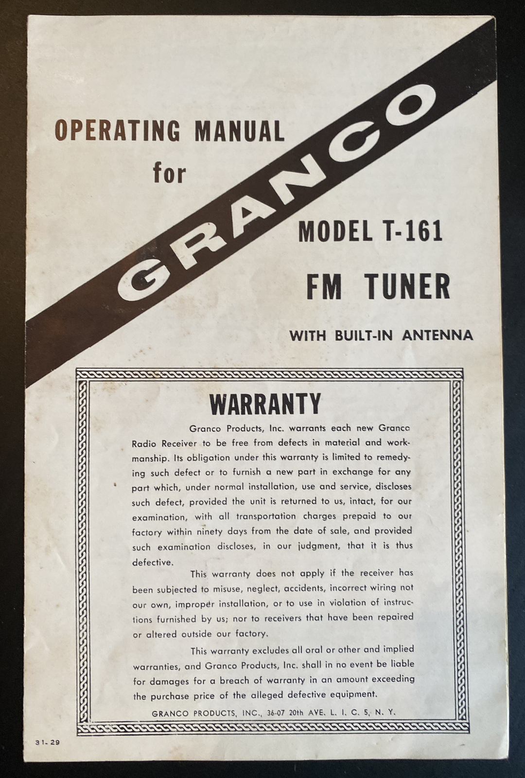 Vtg & Orig Granco Operating Manual for Model T-161 FM Tuner w/Schematic Diagram
