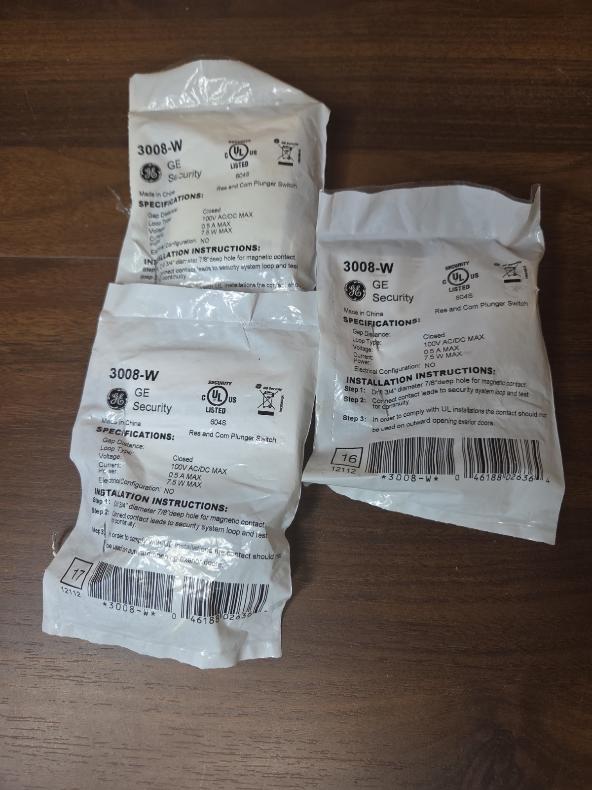 GE Security Shorty Roller Plunger Contacts 3008-W White 3 Pack New