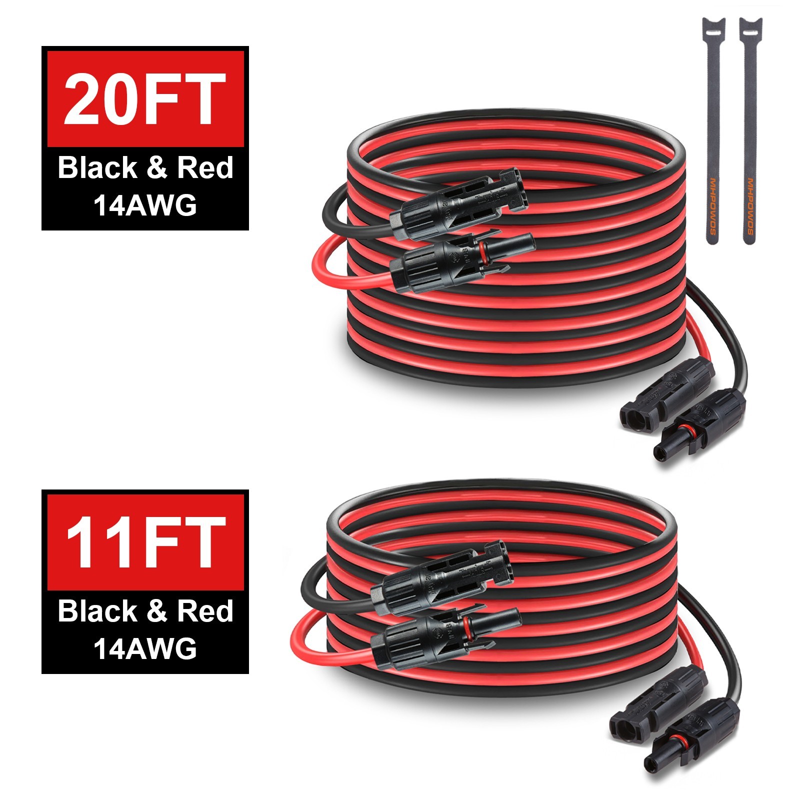 MHPOWOS 11Ft 20Ft 14 AWG Solar Panel Extension Cable Solar Connectors Black Red