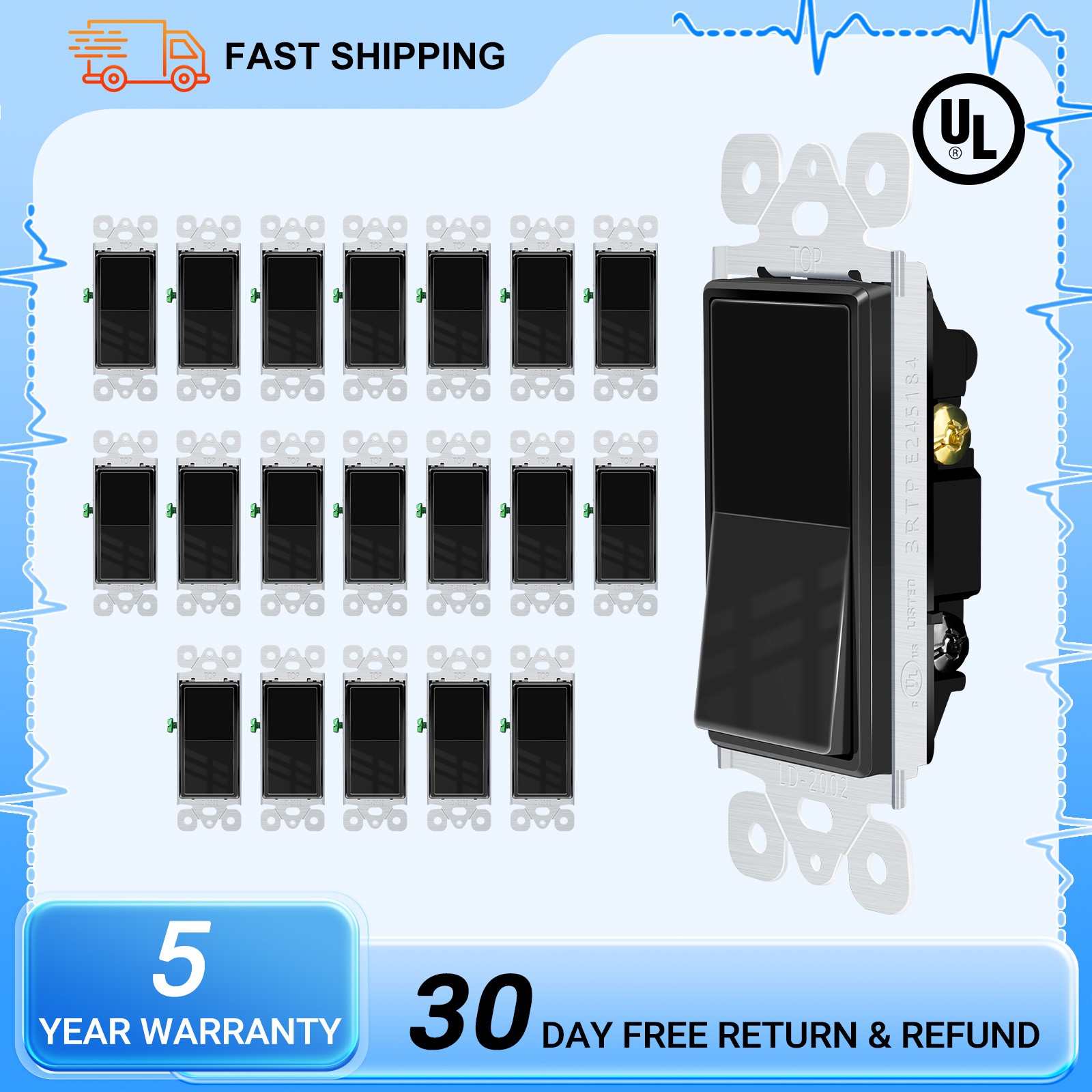 20PCS Black 15A Single Pole Rocker Light Switch for Home Office UL/CUL Listed