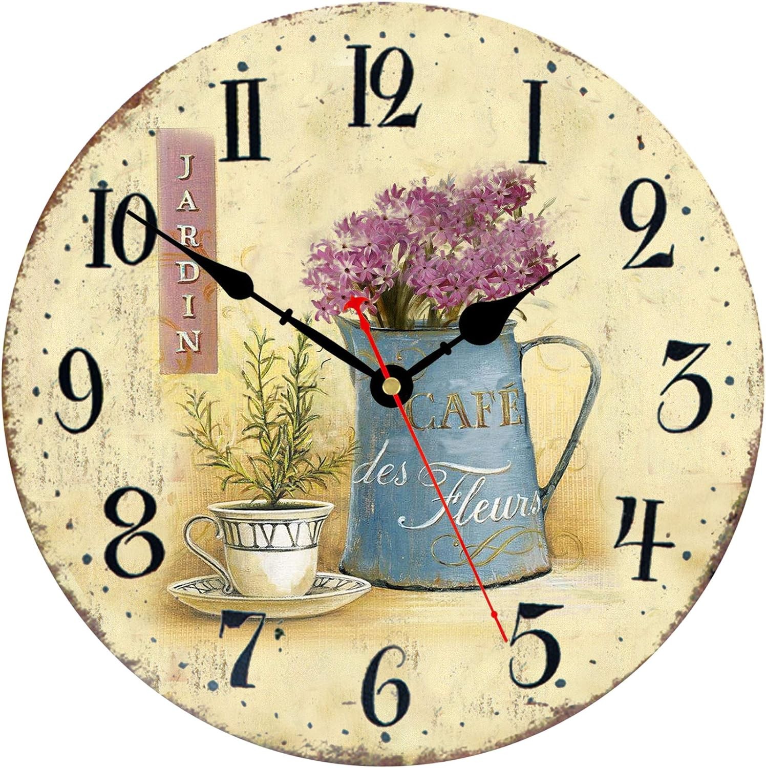 8 Inch Wall Clock Floral French Vintage Wooden 8 Inch, Cafe and Flowers