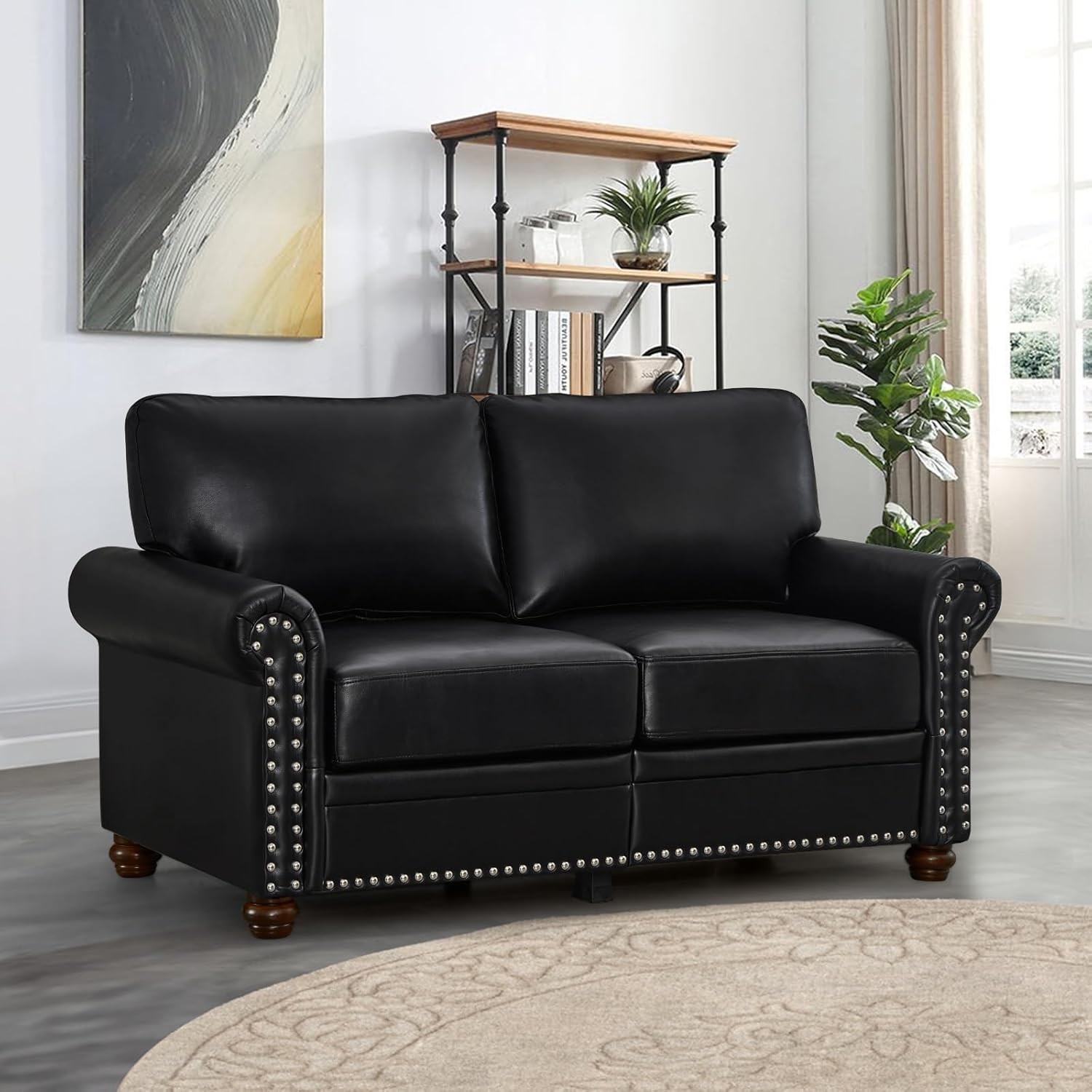 2 Piece Faux Leather Sofa Set, Loveseat & Accent Armchair with Nailhead Trim