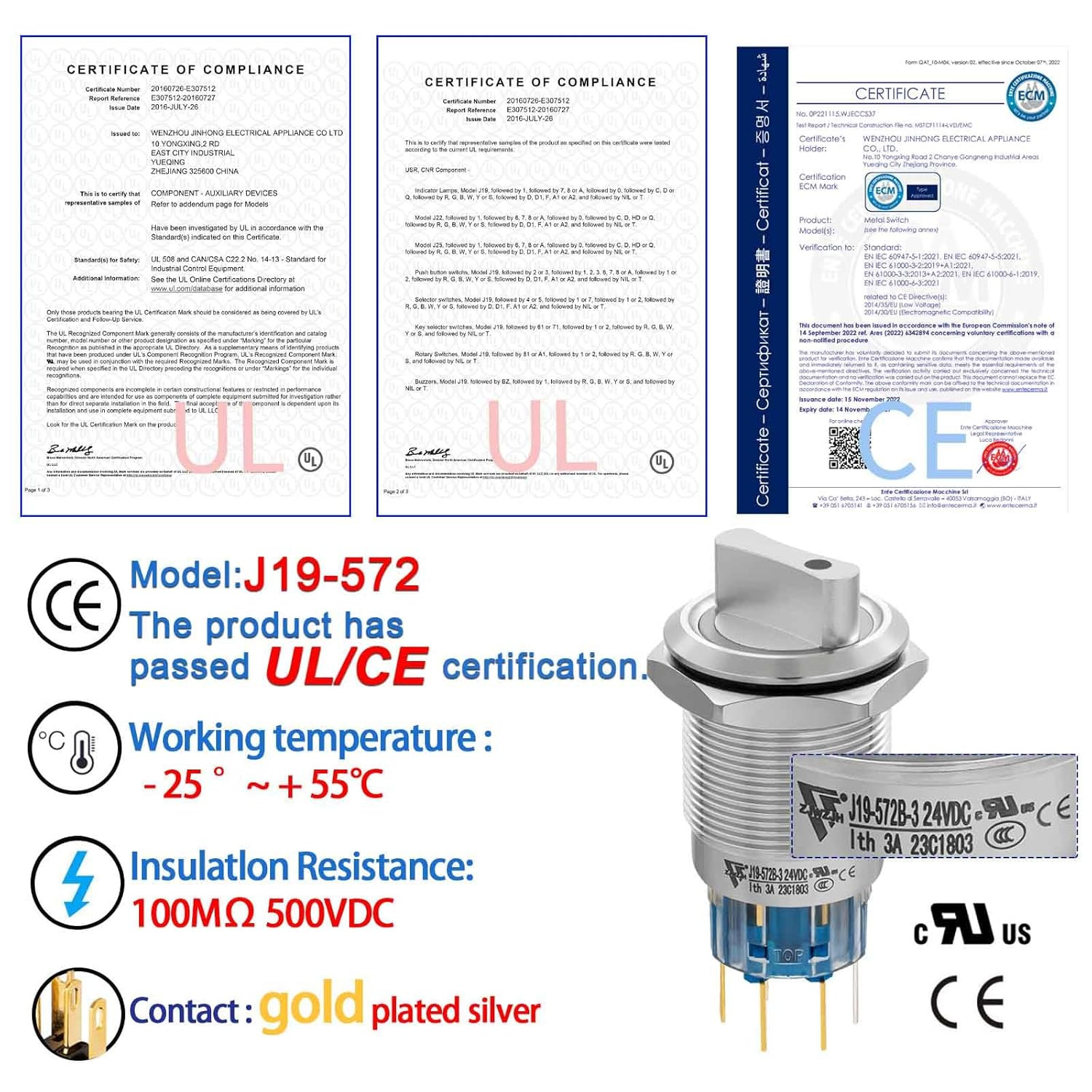 UL Listed 3 Position Rotary Switch 19mm 12V-24V DC/AC, Latching Selection Switch