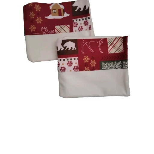 Set Of 2 Creamy White Flannel Pillowcases W/ Winter Scene Trim.  20 X 32 Queen