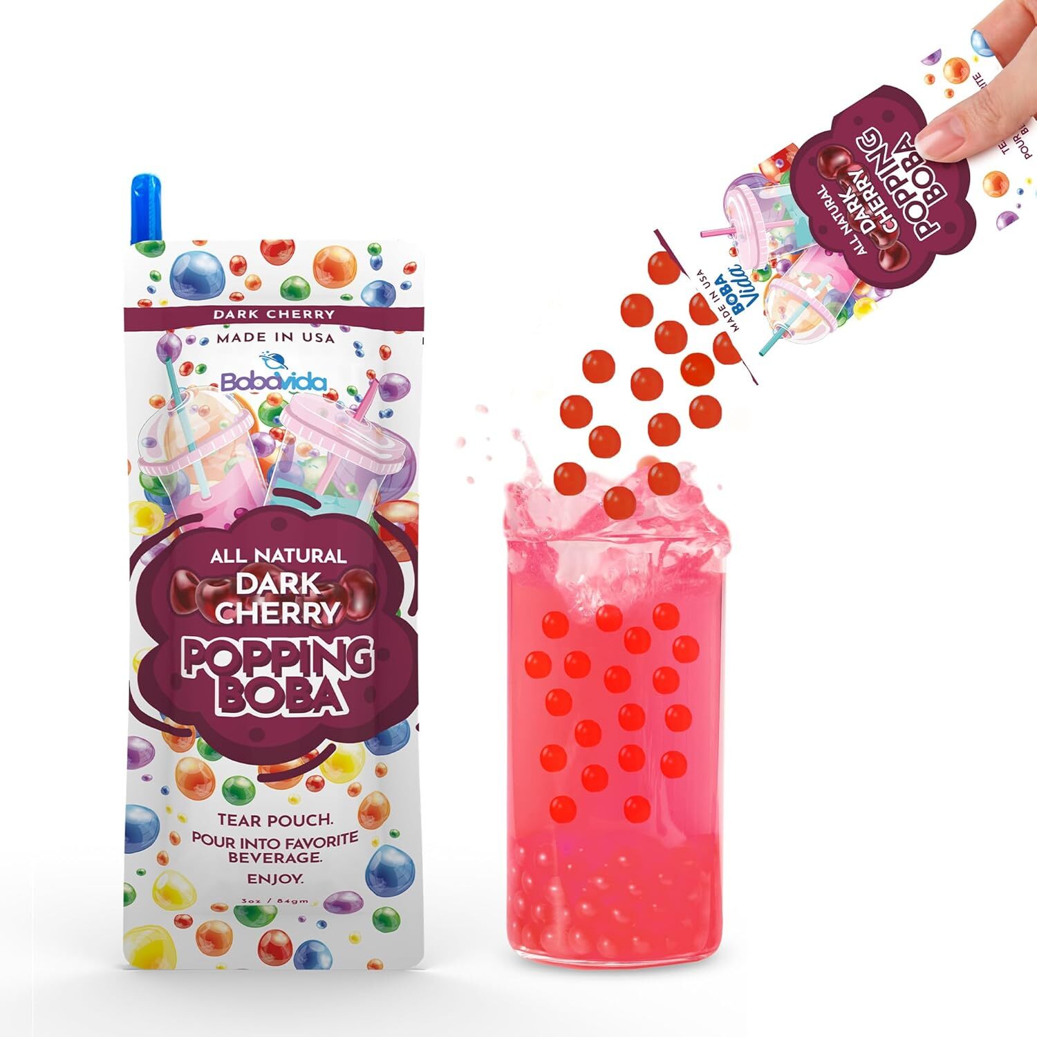 Boba Vida Non-GMO Popping Boba Pearls All Natural Dark Cherry w/Straw