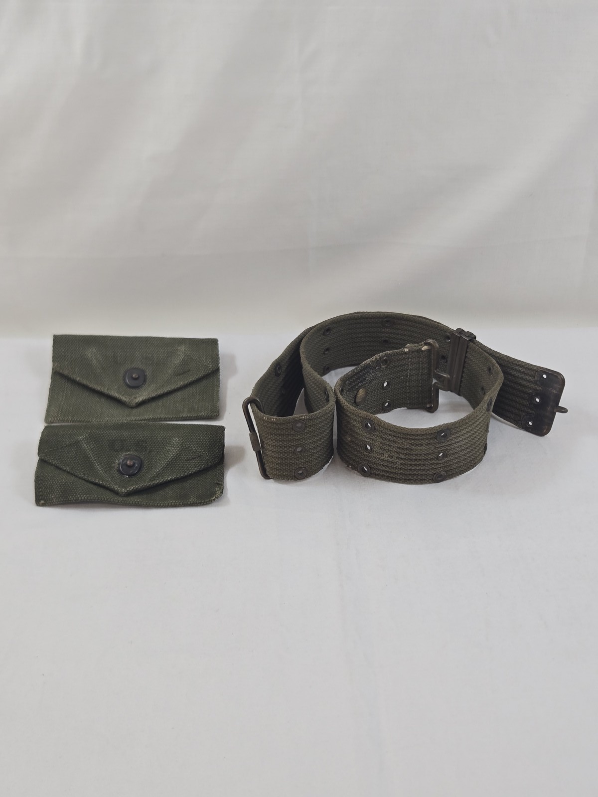 Vintage US Military OD Green Web Belt & 2 Canvas Pouches Field Gear Surplus Set