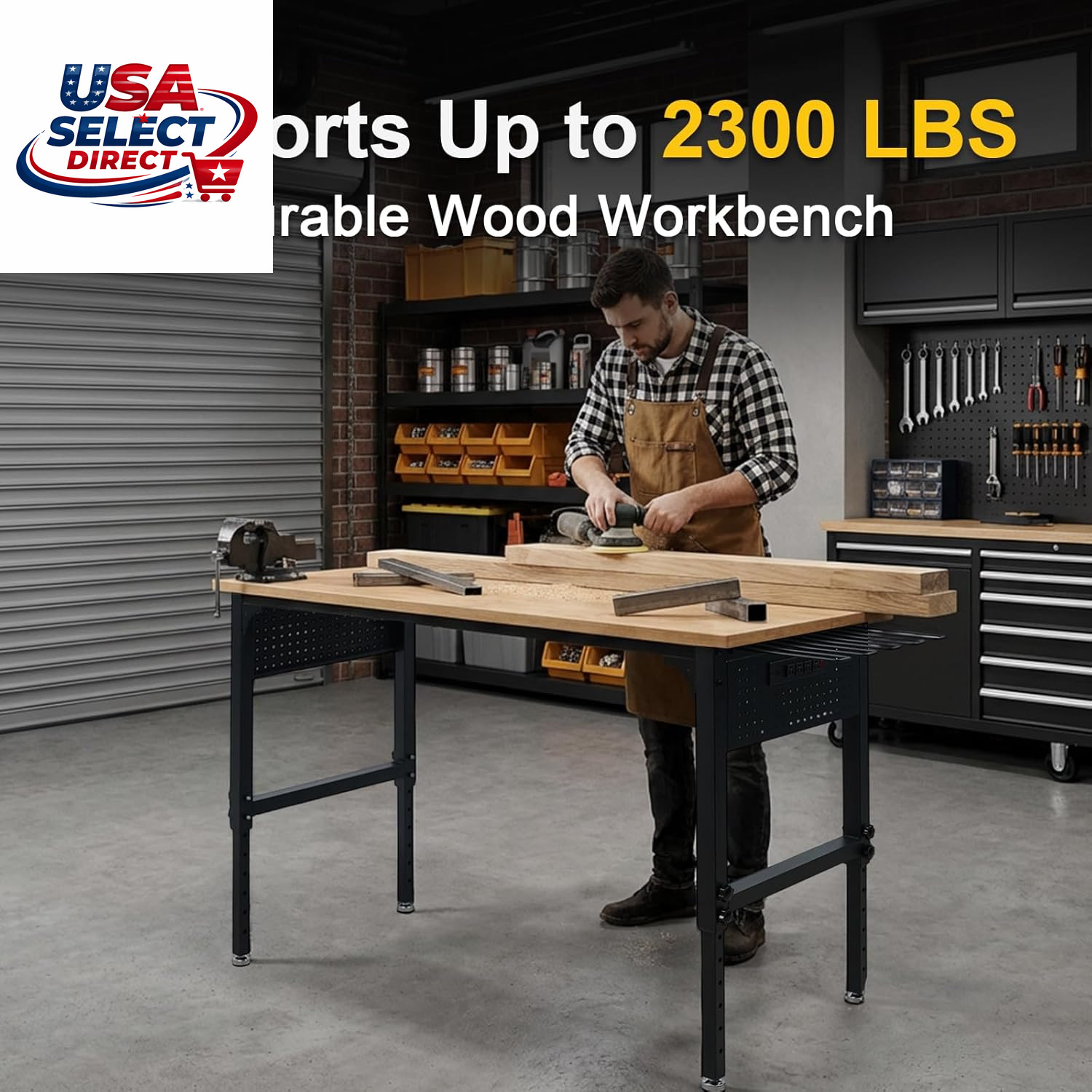 60" Heavy-Duty Garage Workbench, 2300LBS Capacity Work Table with Power Strip, W