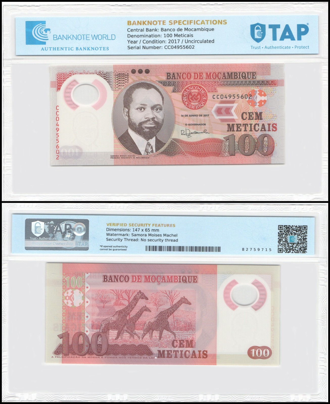 Mozambique 100 Meticais, 2017, P-151b, UNC, Polymer, TAP Authenticated