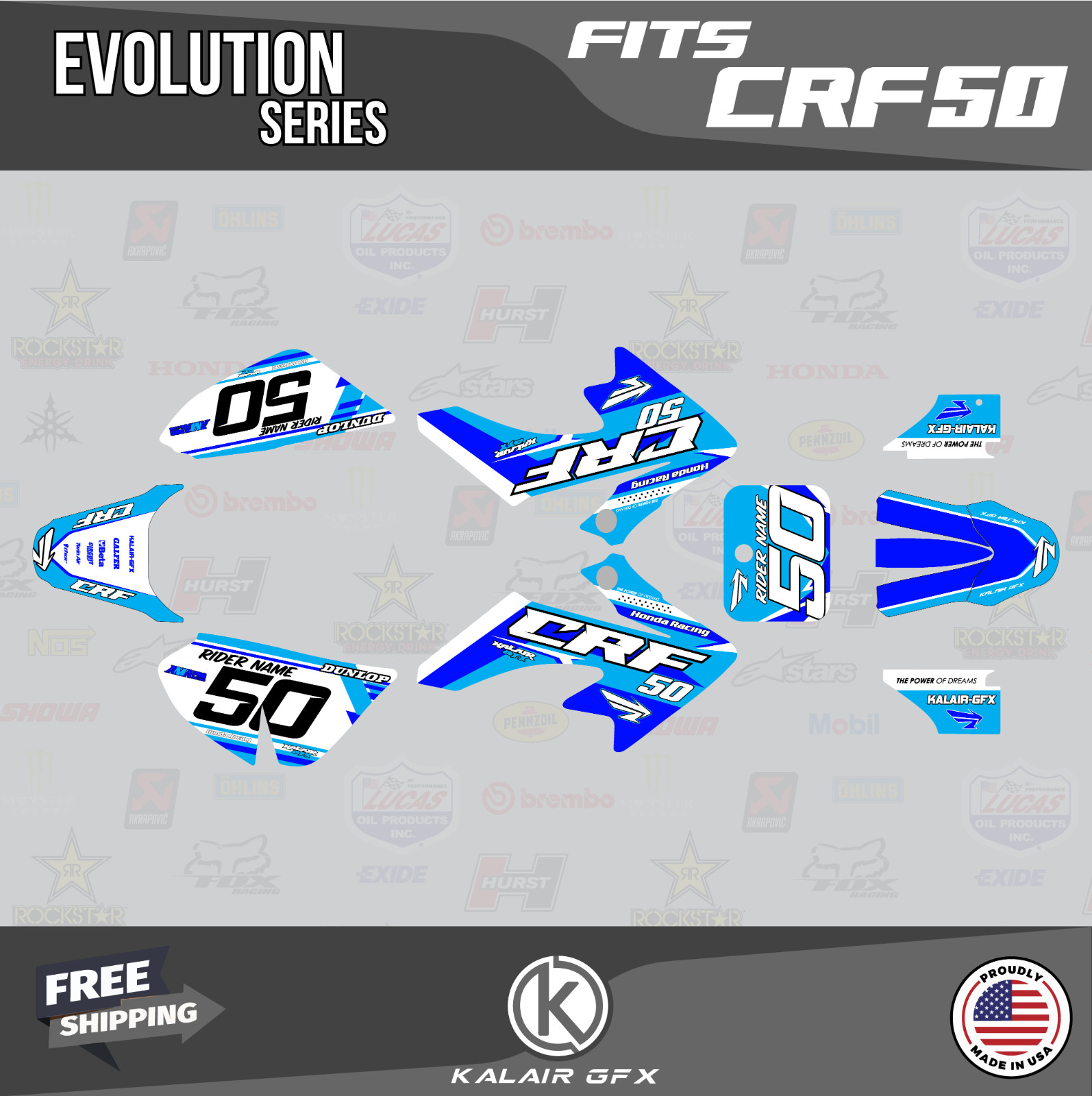 Graphics Kit for Honda CRF50 (2004-2012) or (2013+) Evolution - Blue
