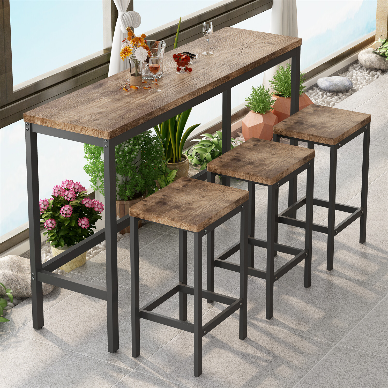 4 Piece Bar Table Set Counter Height Kitchen Pub Table with 3 Bar Stools US