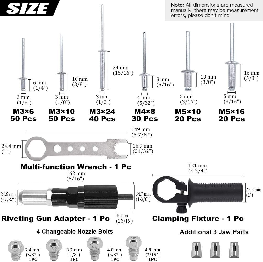 Complete 211Pcs Electric Rivet Adapter Kit with Multiple Rivet Sizes Included