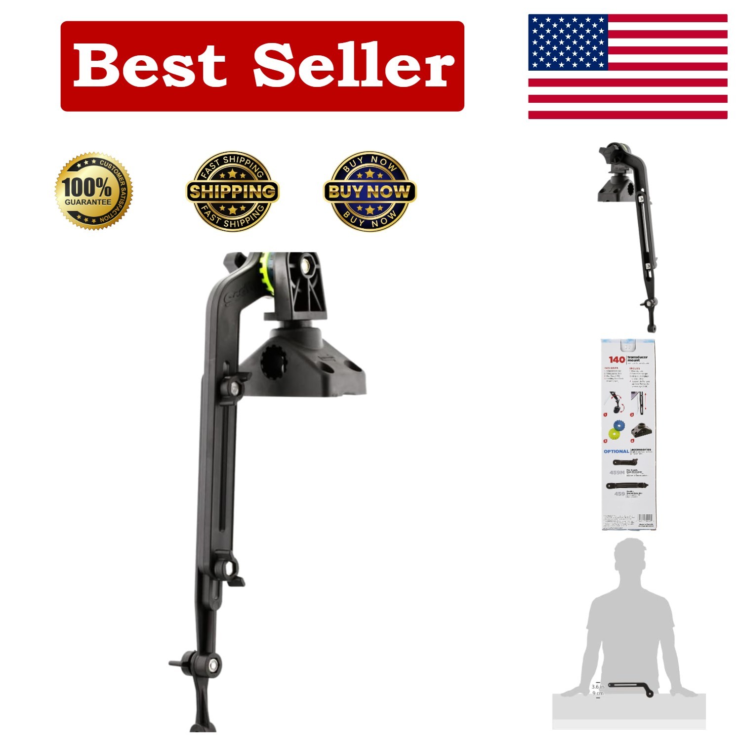 Compact Telescopic Kayak Transducer Arm - Fits All Post Mounts, Black Finish