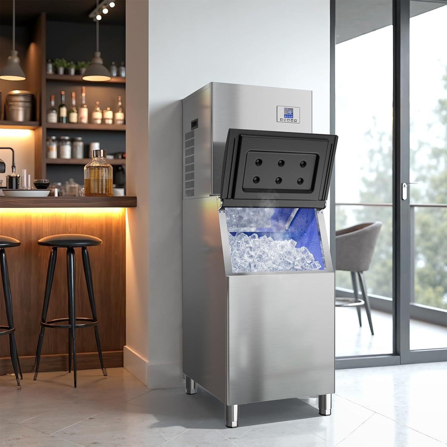 680lbs/24H Commercial Ice Maker Machine 1030W SECOP Compressor Large Storage Bin