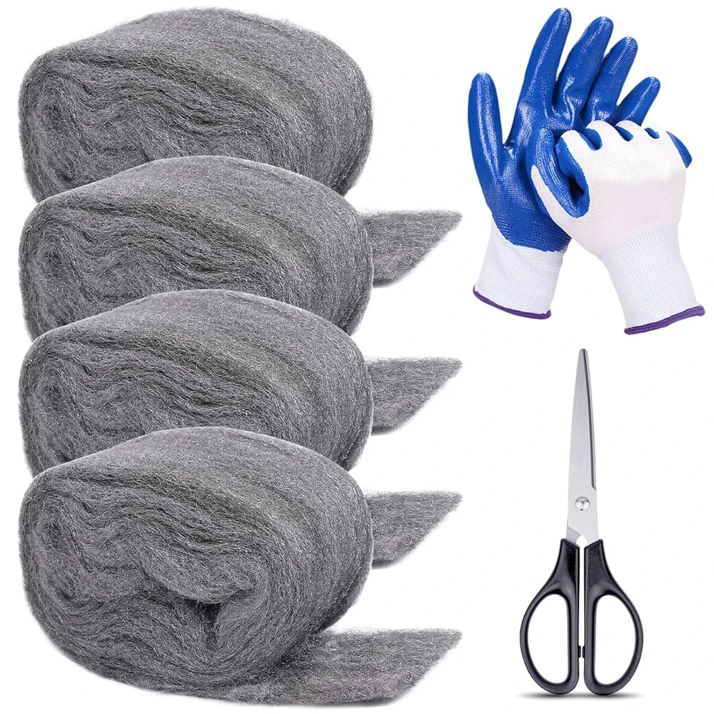4 Pack Steel Wool for Mice Control, Gap Filler 3.2"x10.5Ft with Gloves & Scissor