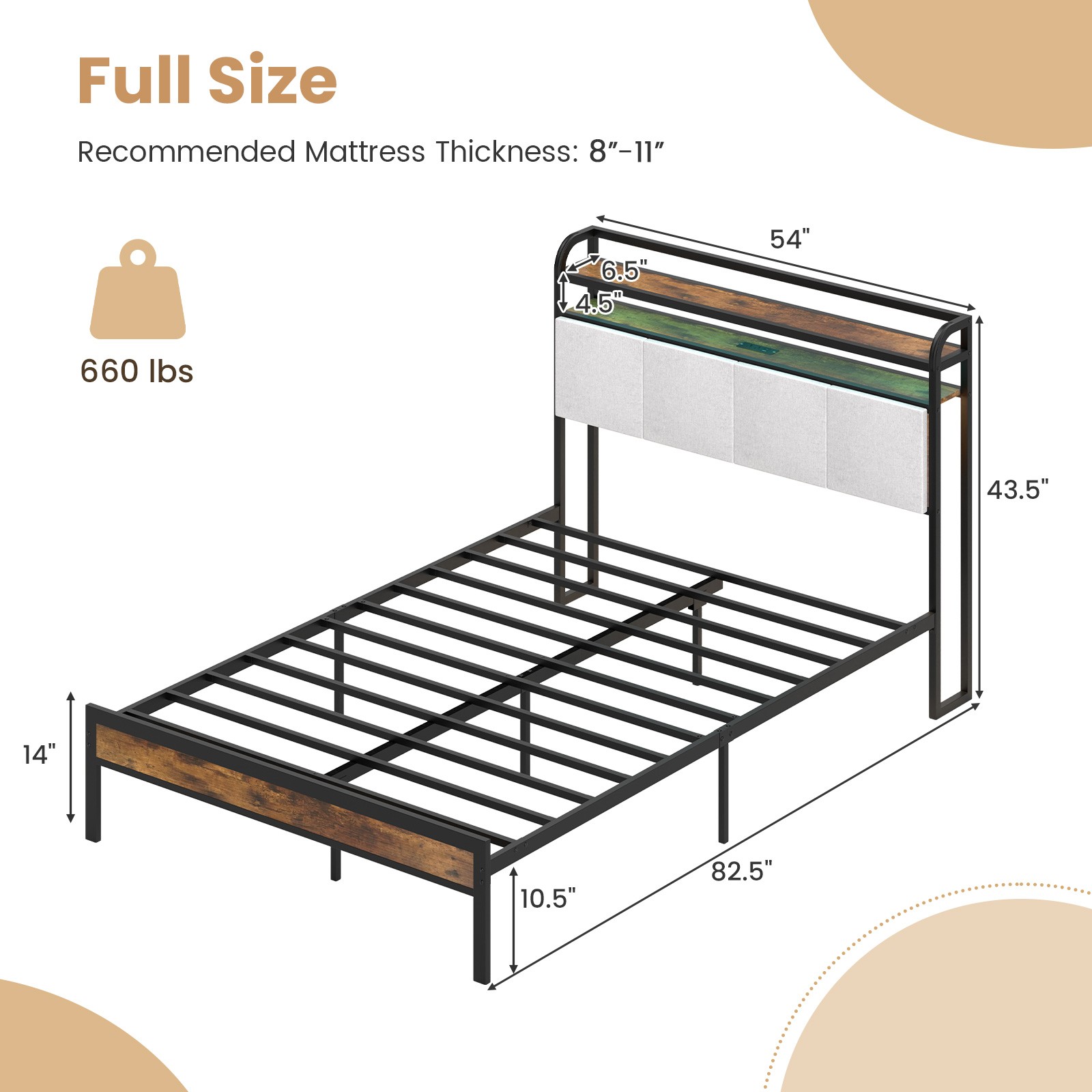 Full Size Bed Frame w/LED Light & Charging Station Heavy Duty Metal Platform Bed