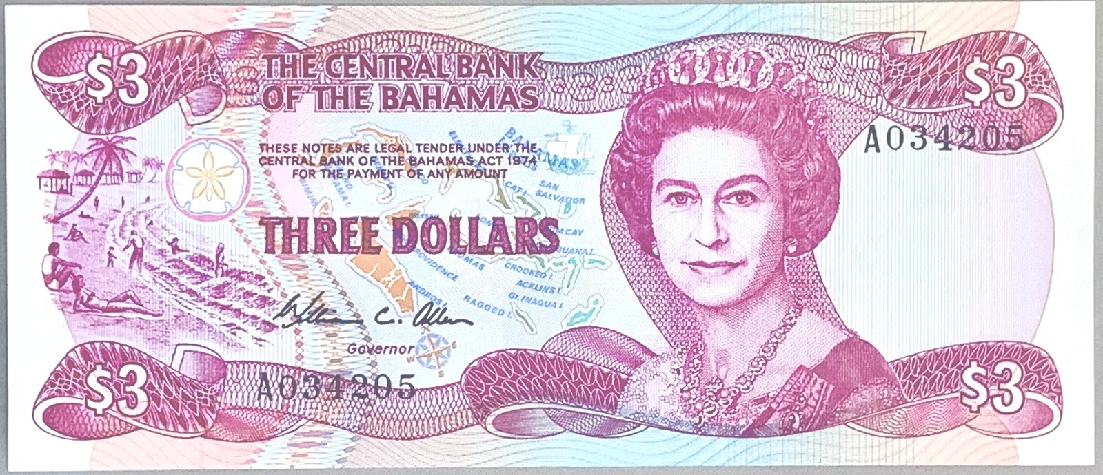 BANK OF BAHAMAS, 1984, THREE DOLLARS BANKNOTE, P-44, UNC