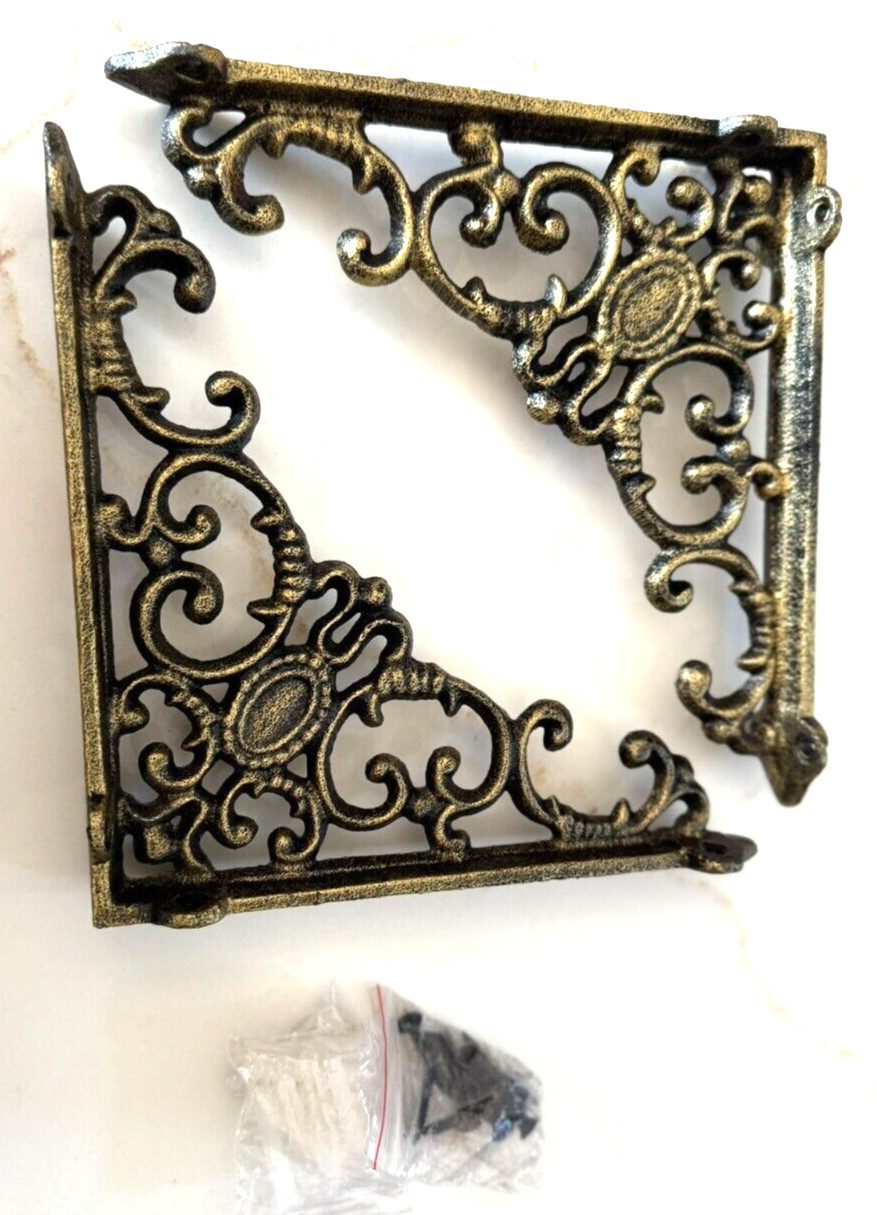 2;  Door Corbels Cast Iron Wall Shelving Brackets Braces Ornate ANTIQUE-Brass 8"