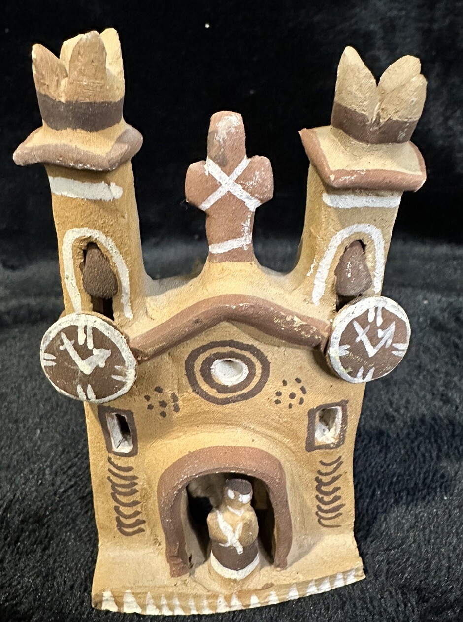 Vintage Peruvian Folk Art TerraCotta Pottery Clay Mission Church With Cross