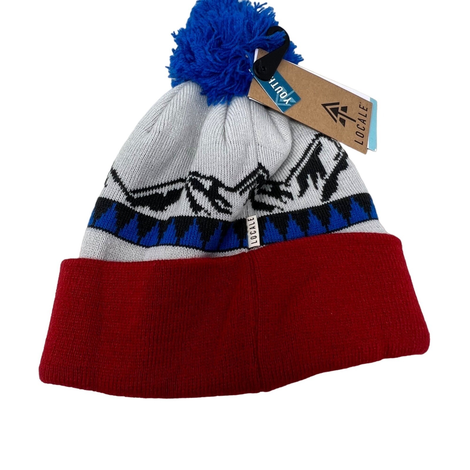 Locale Round Top Peaks Beanie Youth One Size Red Cuff Pom Cozy Outdoor Winter NE