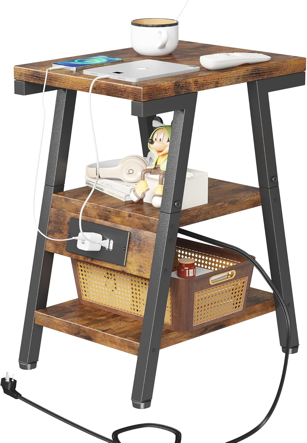 End Table with Charging Station, Small Side Tables Lucky 7 Rustic Brown