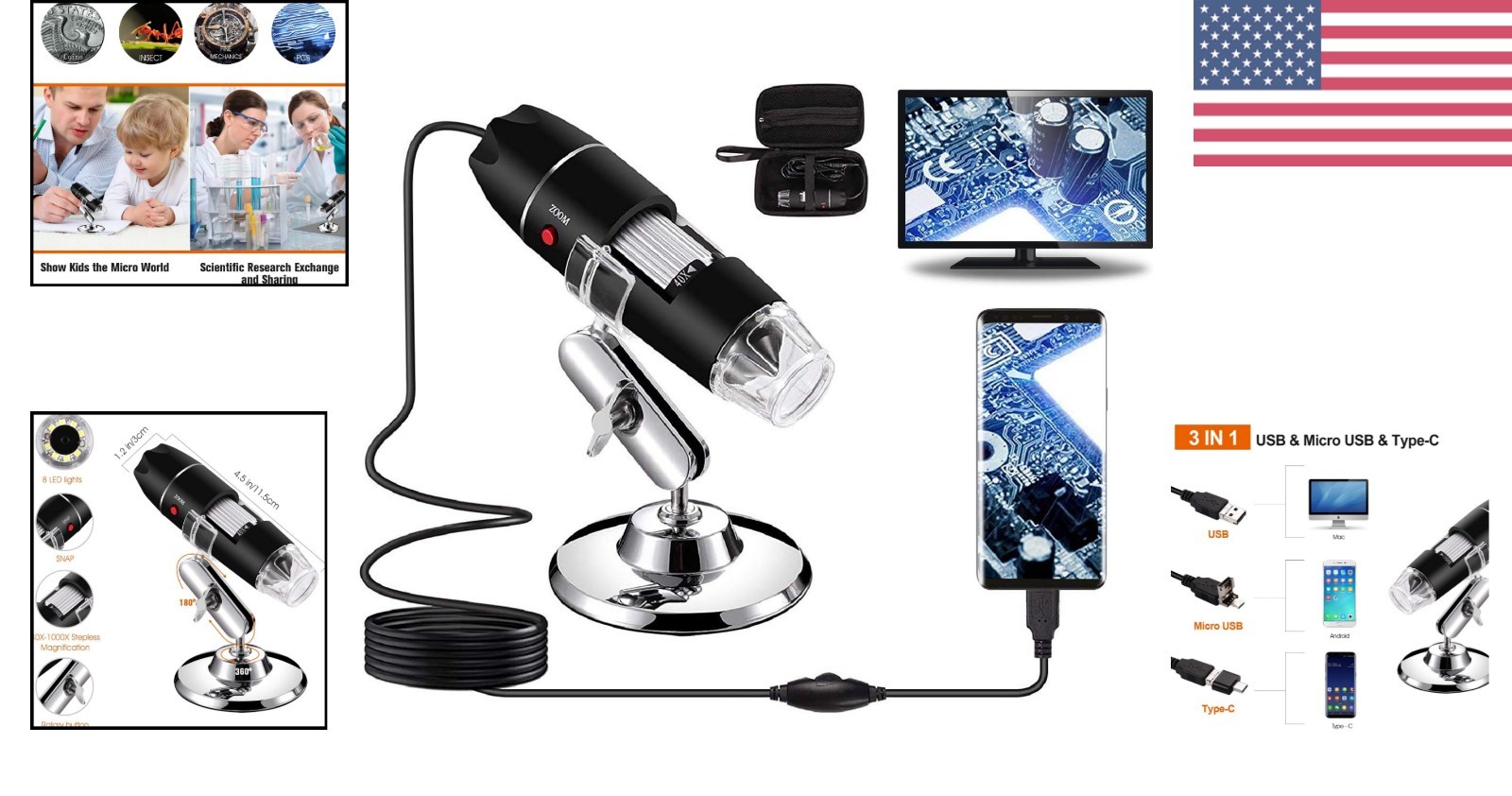 Multi-Platform USB Microscope 40X-1000X, Perfect for Collectors & Hobbyists