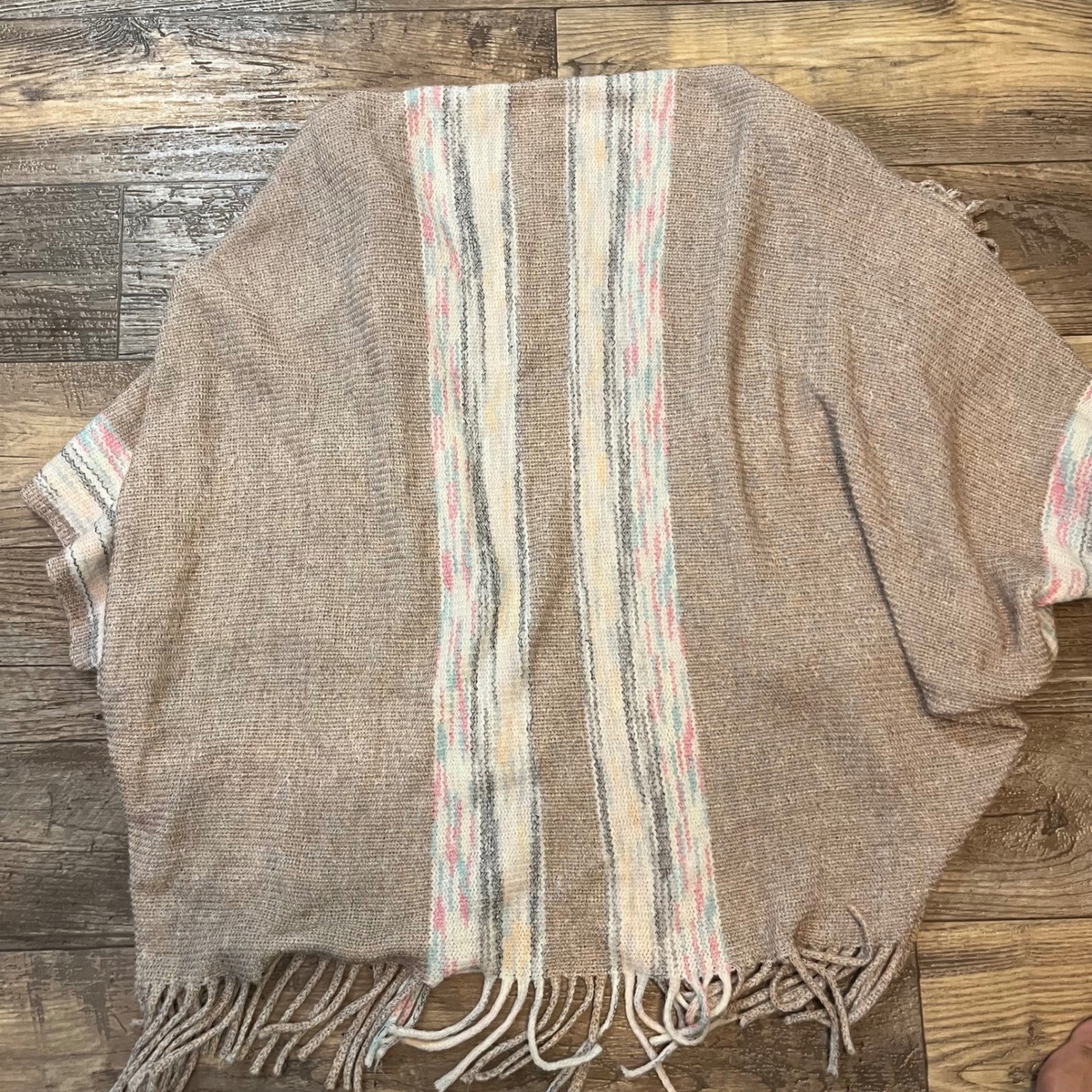 Riah Fashion Tan Pastel Striped Fringe Knit Poncho Wrap Shimmer One Size