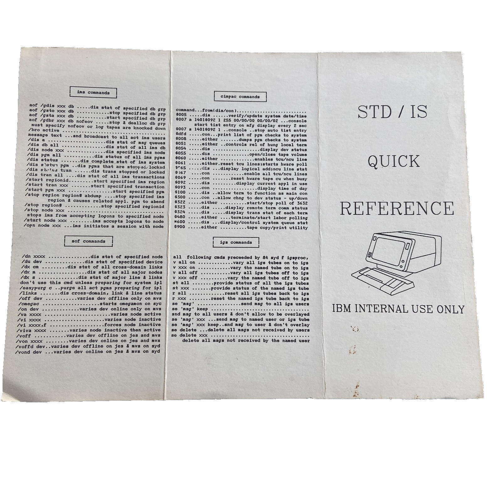 Vintage IBM Internal Use Only STD/IS Quick Reference Guide Commands IMS CIMPAC I