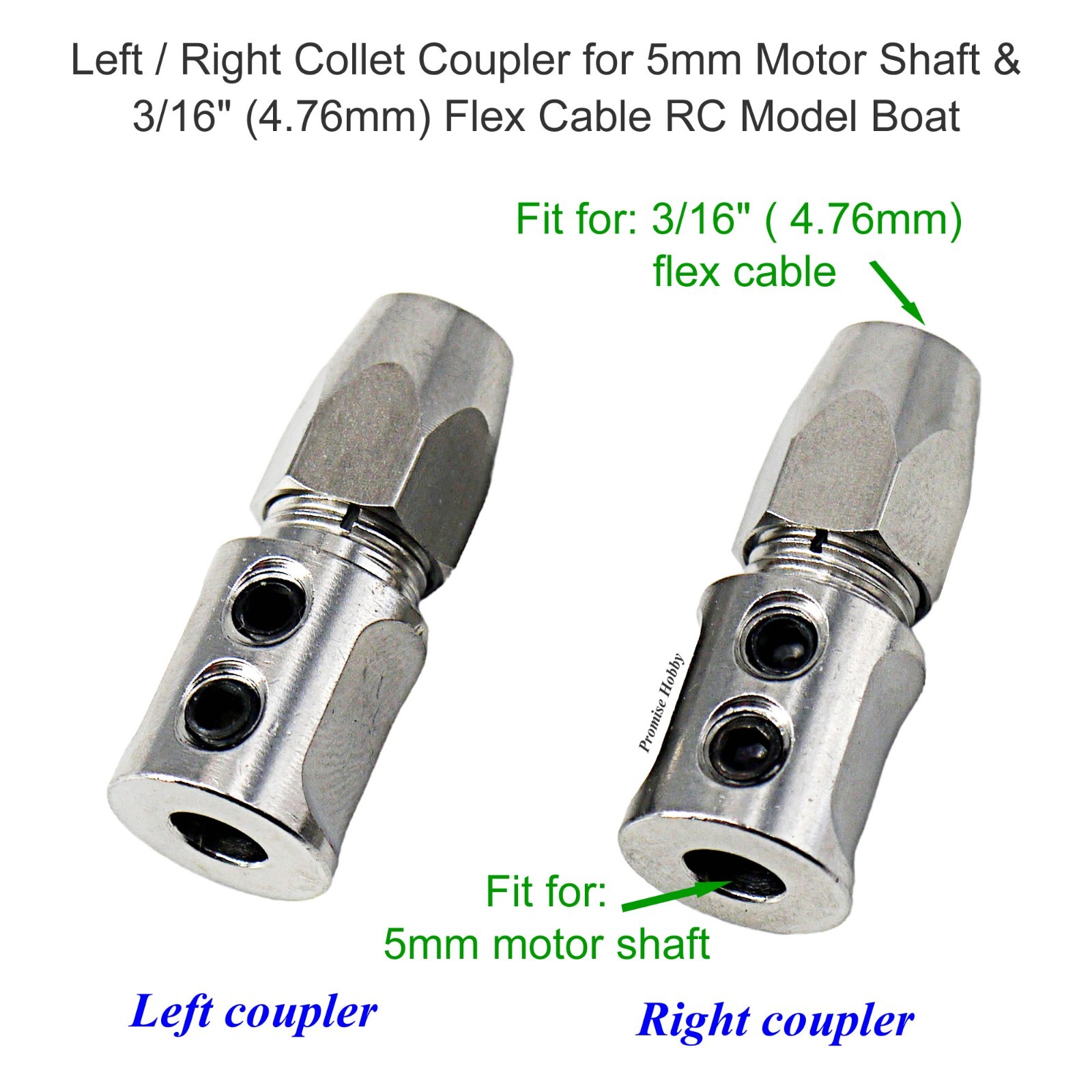 Left / Right Collet Coupler for 5mm Motor Shaft & 3/16" Flex Cable RC Model Boat