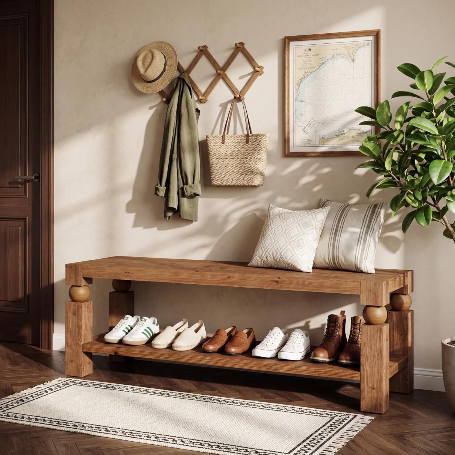 47'' Solid Wood Entryway Bench Farmhouse End of Bed Bench with Storage Shelves