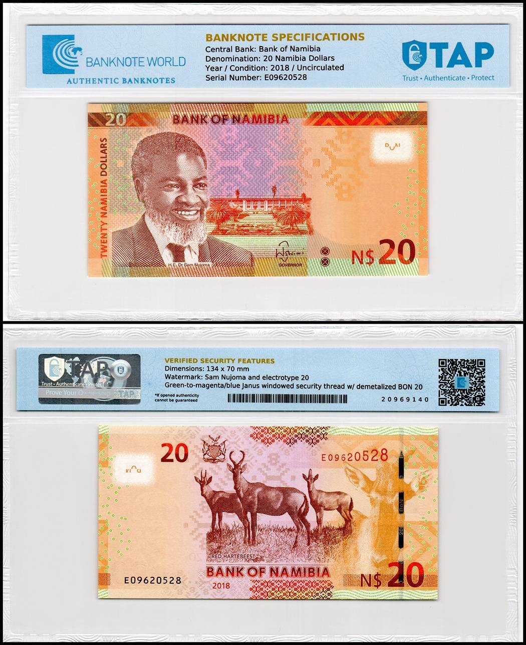 Namibia 20 Namibia Dollars, 2018, P-17a.2, UNC, TAP Authenticated