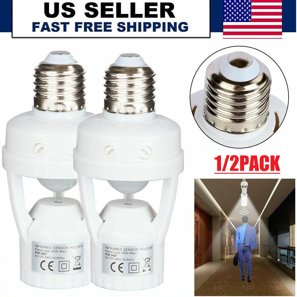 2x Motion Sensor Light Socket,E26/E27 Smart Lamp Bulb Holder Adapter Auto On/Off