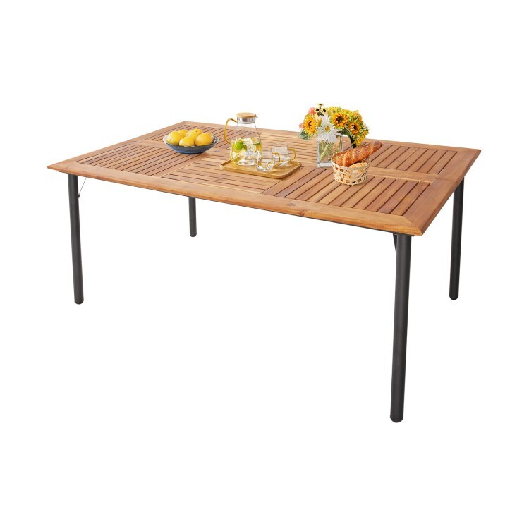63'' Acacia Wood Patio Dining Table 6 Person w/ Built-in Umbrella Hole Metal Leg