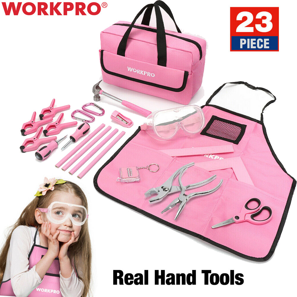 WORKPRO 23 Piece Pink Kid Tool Kits Pink Home DIY Woodworking Hand Tool With Bag